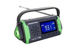 Jackpak 6-in-1, AM/FM radio, weather alert, flashlight, SOS alarm, music player, power bank