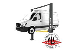 Lift tall cargo vans and full-size vehicles with confidence using the BendPak 10AP clearfloor two-post lift (SKU 5175305). Features 10,000 lb capacity, extended height, symmetric arms, and ALI certification for professional shops