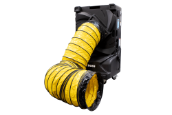 Cool Boss CB-16 evaporative cooler equipped with Ducting Kit (5150236). The yellow flexible duct connects securely to the air outlet to channel cool air into targeted workspaces and aircraft cabins