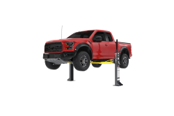 MaxJax M7K portable two-post car lift right-side view with pickup raised. Get it today at Wrenchers.com