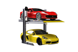 Lower left view of the BendPak PL-6000DC parking lift designed to stack vehicles vertically and maximize storage in tight residential or commercial garages. SKU 5175427