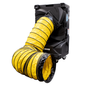 Cool Boss CB-16 evaporative cooler equipped with Ducting Kit (5150236). The yellow flexible duct connects securely to the air outlet to channel cool air into targeted workspaces and aircraft cabins