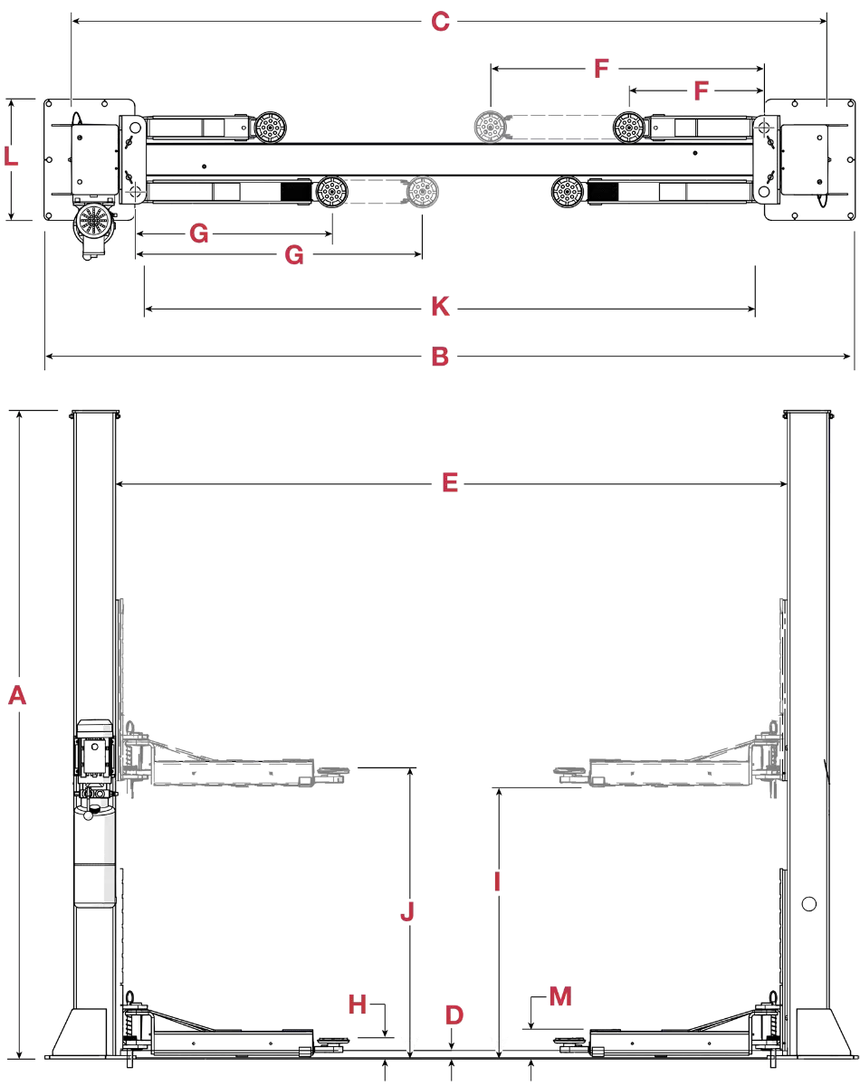 GrandPrix GP-10C Two-Post Lift Specifications Line Diagram