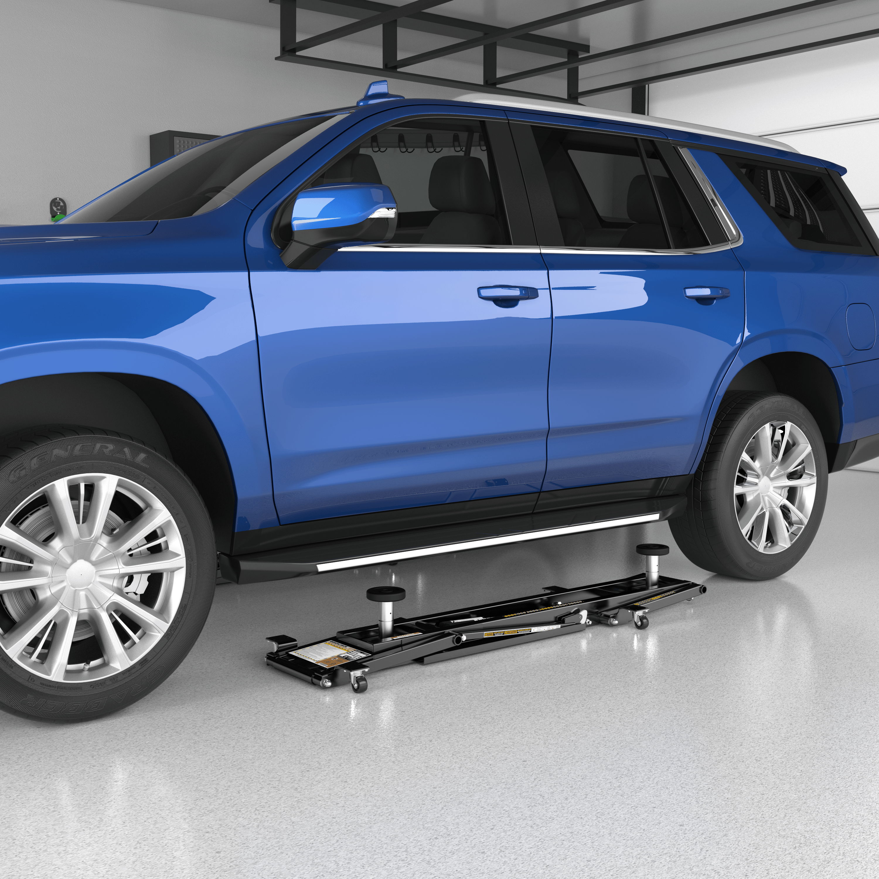 QuickJack frames being positioned beneath an SUV